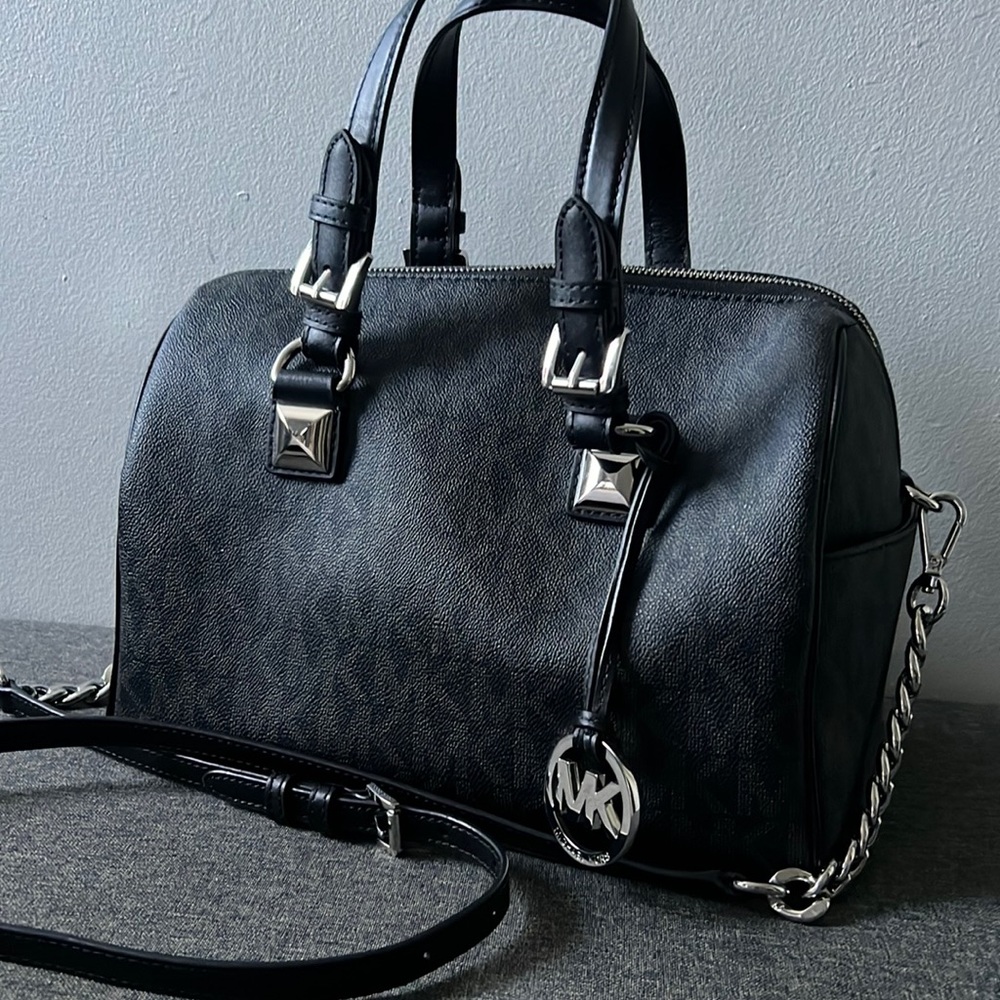 Michael Kors Grayson Medium Chain Signature Satchel Black with Silver Hardware